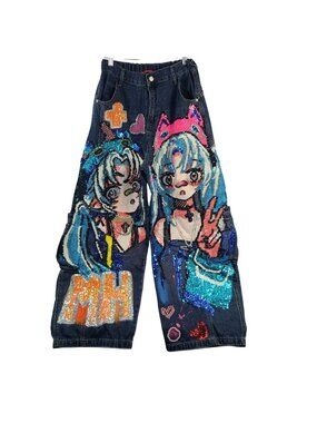 Kitmaple Anime Sequin Wide-Leg Jeans With Colorful Graphic Design & MH Accent